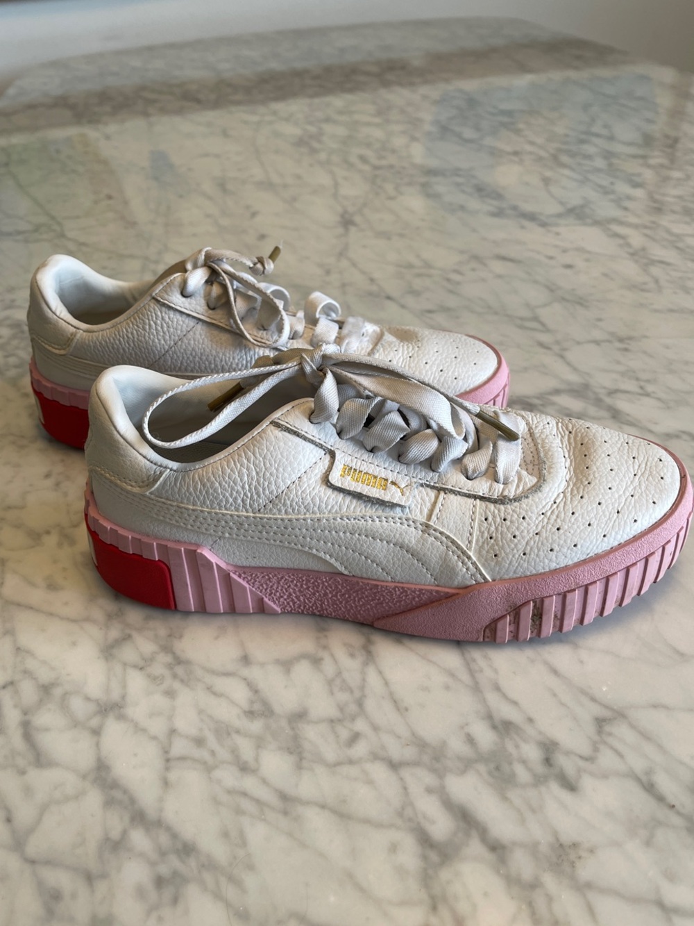 Puma White Leather Sneakers with Pink and Red Sole Accents